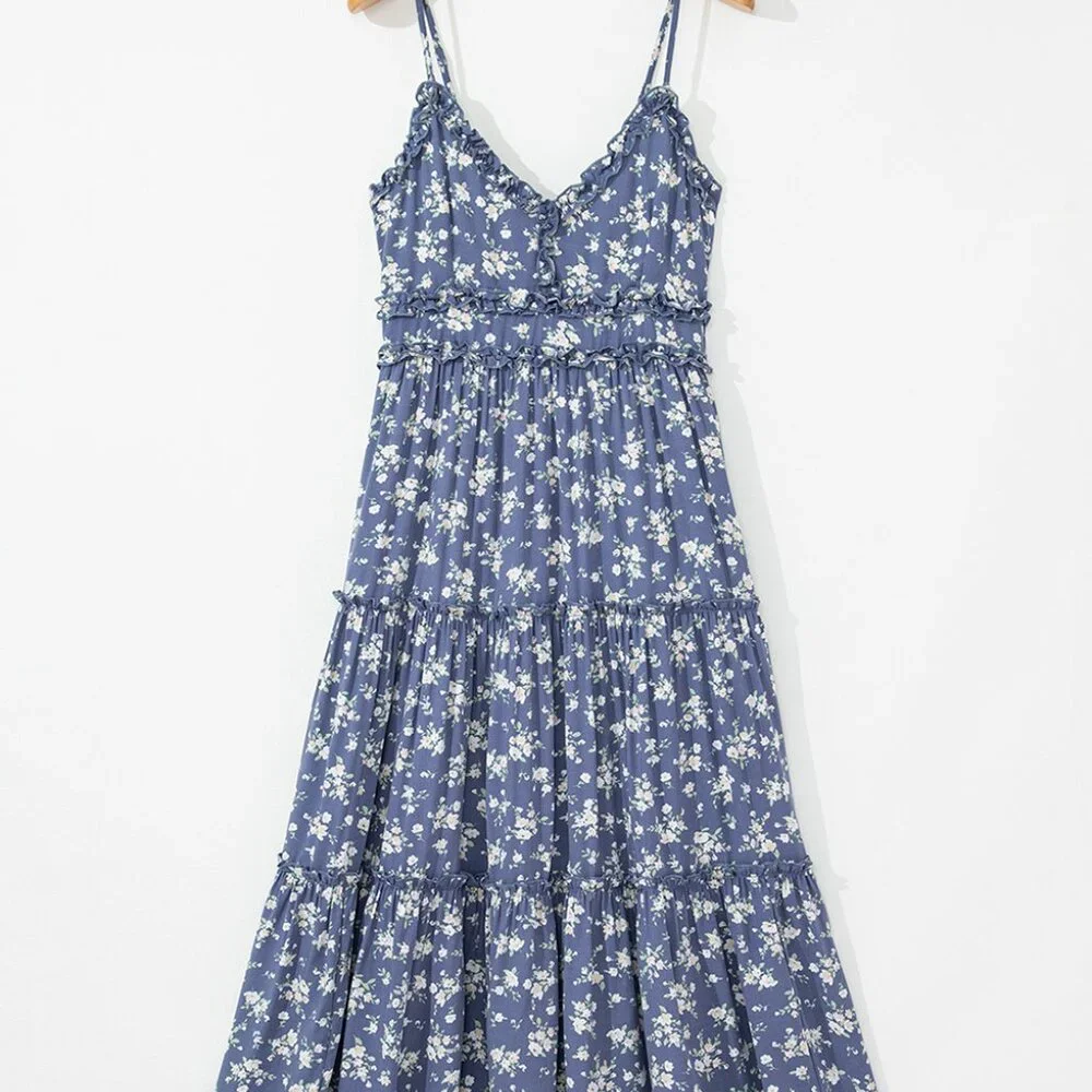 B266 Blue Floral Spaghetti Strap Frilled V Neck Tiered Midi Dress - Picture 9 of 16